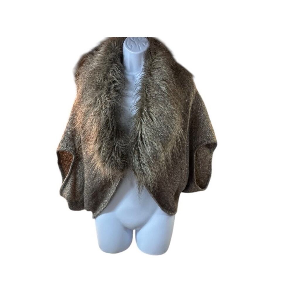 Cache Metallic Brown Knit Faux Fur Collar Capelet Wrap Poncho Mob Wife Sz M/L